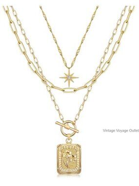 Layered Birth Flower Necklace Set 14K Gold Plated Brass Paperclip Chain Choker